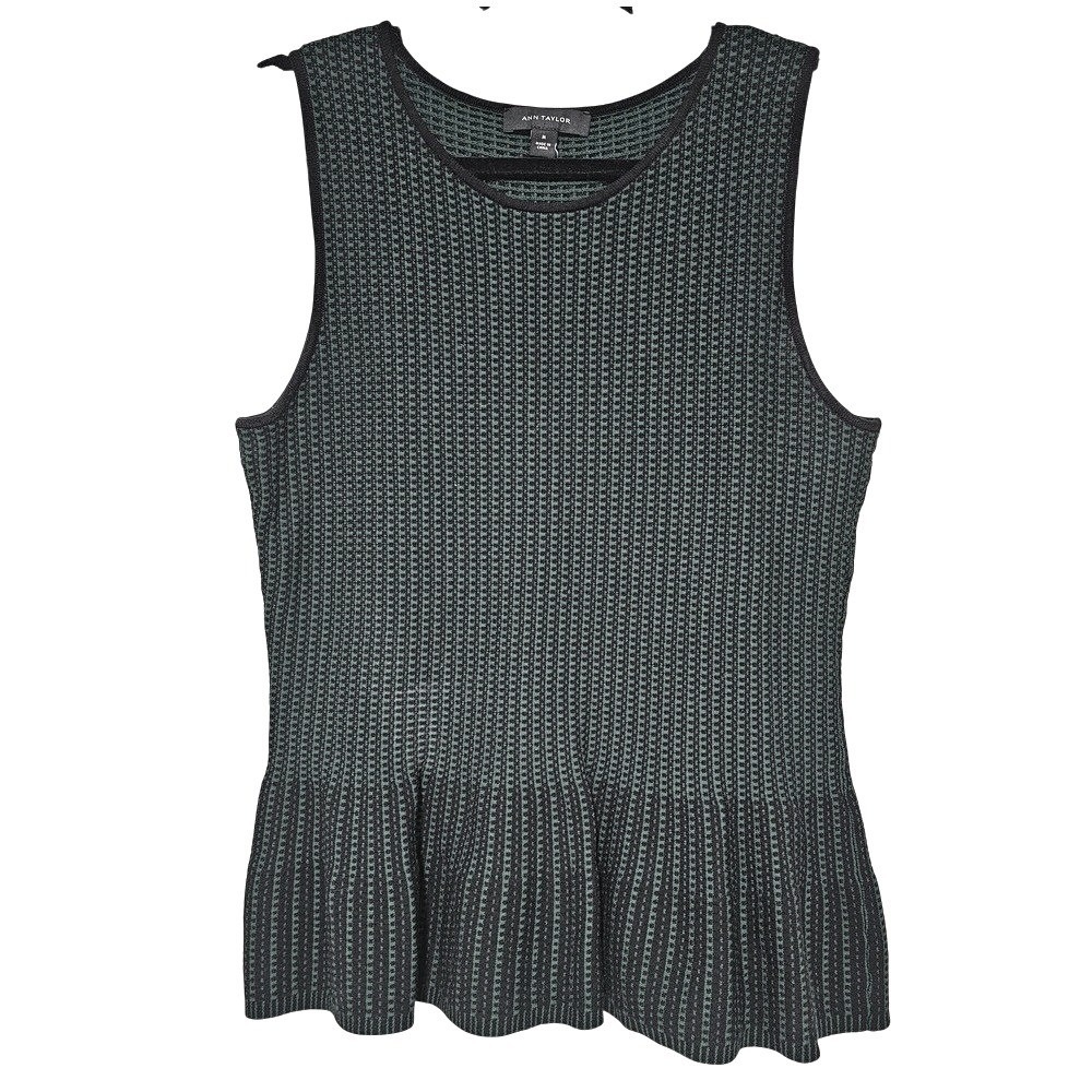 Ann Taylor M Green Black Check Peplum Knit Top Sleeveless Tank Preppy Academia ~